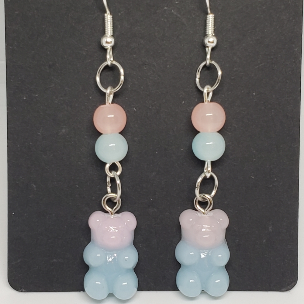 Handmade Gradient Beaded Lightweight Pink Blue Kawaii Gummy Bear Dangle Earrings
